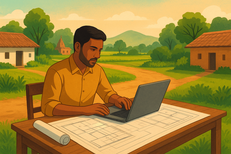 Non-realistic illustration of a man working on a laptop in an Indian village landscape, with architectural drawings on the table around him.