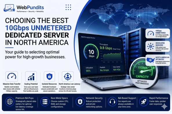 Choosing the Best 10Gbps Unmetered Dedicated Server in North America banner by Web Pundits.